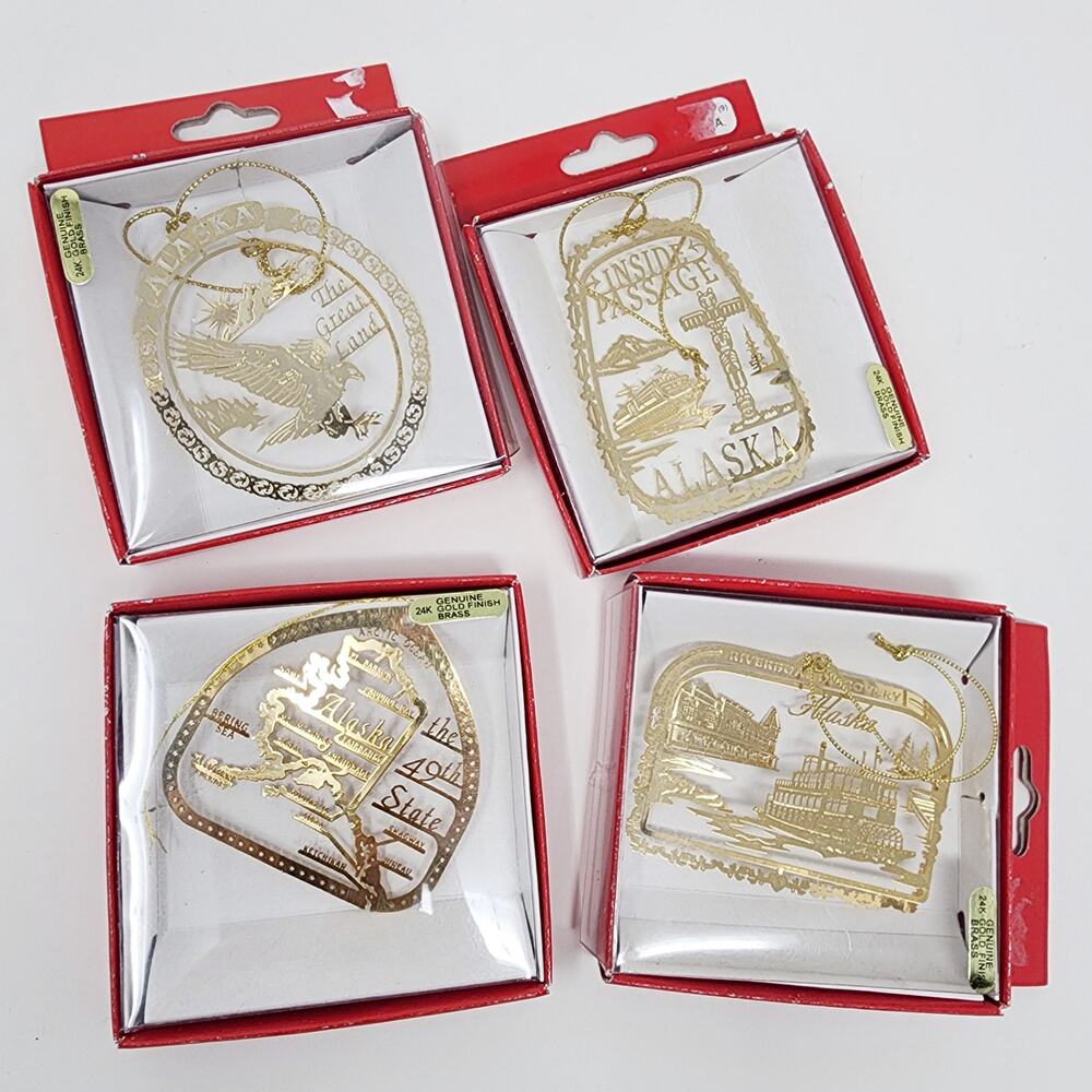 4 Alaska National Treasure 24K Gold Finish Brass laser cut Christmas Ornaments